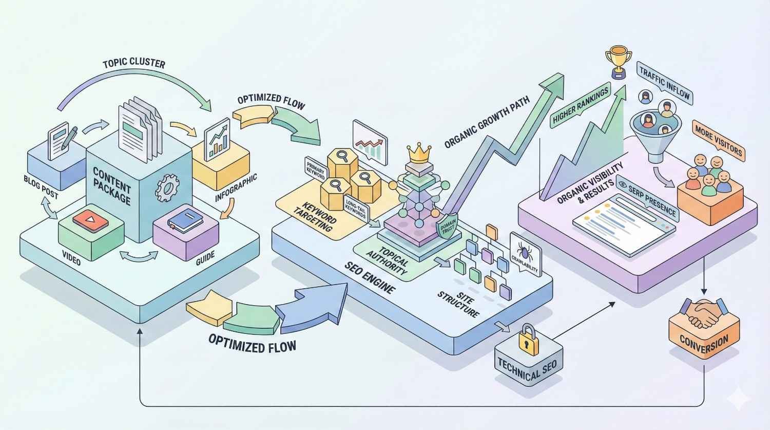 Isometric infographic showing topic clusters and content packages flowing through keyword targeting, topical authority, site structure, and technical SEO into organic growth, higher rankings, traffic inflow, more visitors, and conversions, illustrated with arrows, charts, and funnel icons.
