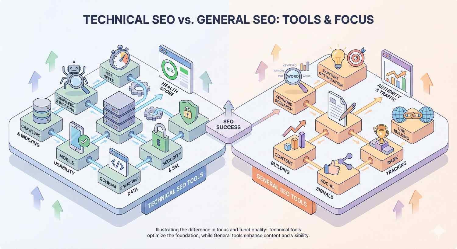 Side-by-side illustration comparing technical SEO and general SEO, showing technical tools focused on crawlability, indexing, site speed, security, mobile usability, and structured data, while general SEO tools emphasize keyword research, content optimization, backlinks, social signals, rank tracking, authority, and traffic growth.