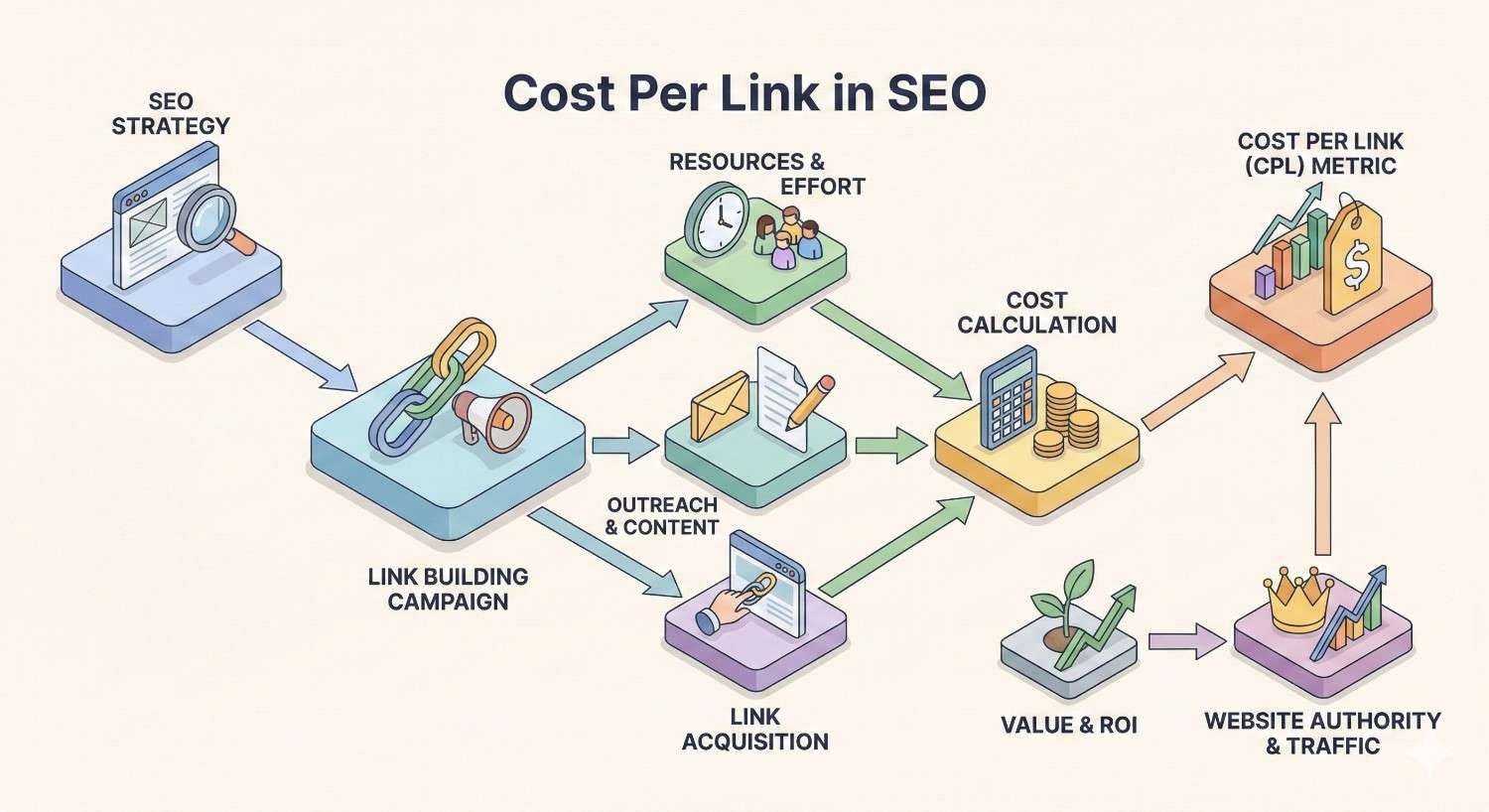 Infographic titled “Cost Per Link in SEO” illustrating the process from SEO strategy and link building campaign to outreach, resources, cost calculation, and Cost Per Link (CPL) metric. Arrows connect stages like link acquisition, value and ROI, and website authority and traffic with icons and charts.