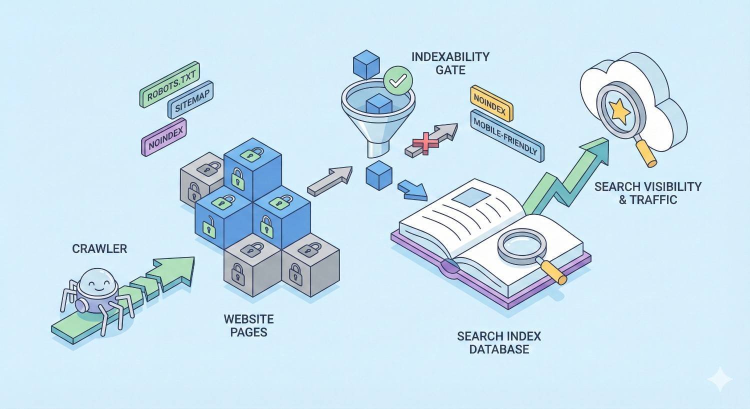 Illustration showing the indexability process, where search engine crawlers evaluate website pages using robots.txt, sitemap, and noindex rules, pass pages through an indexability gate, store eligible content in the search index, and increase search visibility and traffic for compliant, mobile-friendly pages.