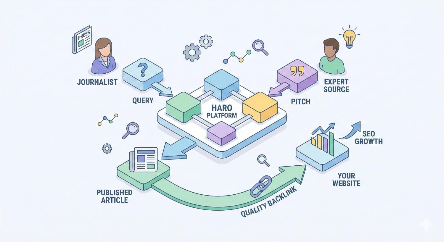 Infographic illustrating the HARO platform process: a journalist submits a query, an expert source sends a pitch, and a published article generates a quality backlink to your website. Arrows show the flow leading to SEO growth, highlighting media outreach and link-building benefits.