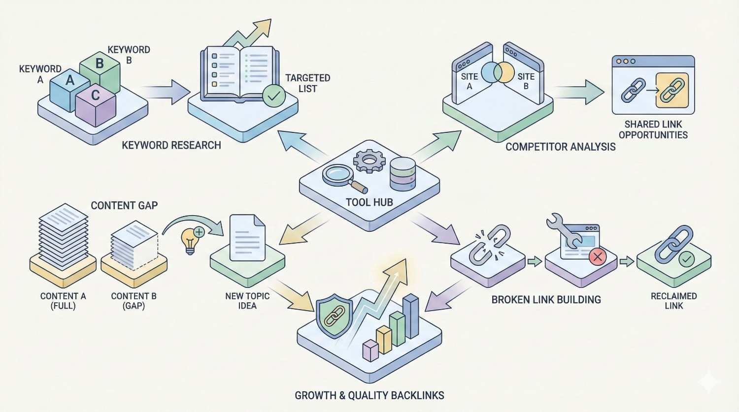 SEO diagram showing a tool hub connecting keyword research, competitor analysis, content gap discovery, and broken link building, producing targeted lists, new topic ideas, reclaimed links, and growth in high-quality backlinks, illustrated with charts, icons, arrows, and workflow blocks.