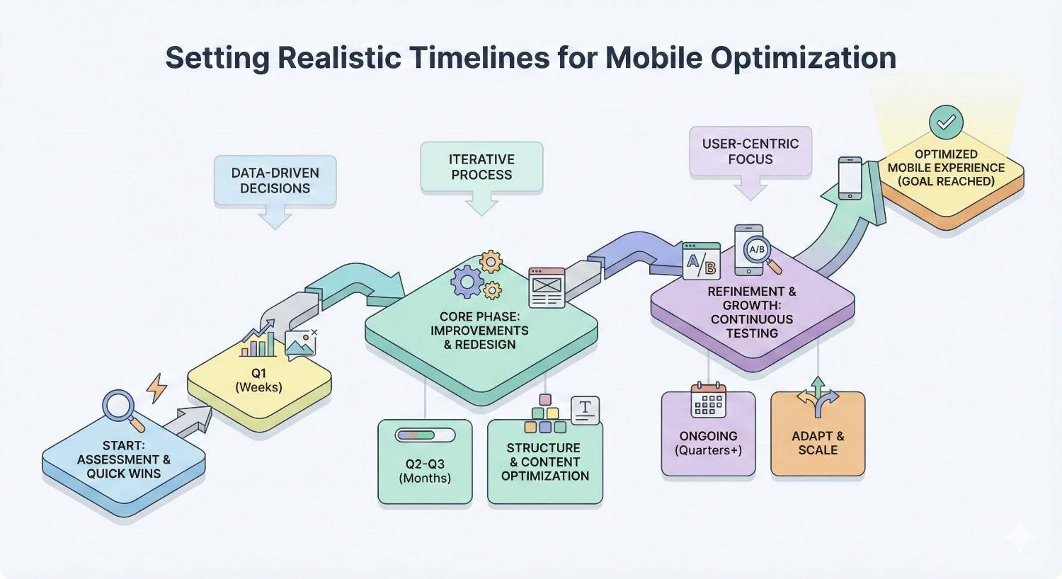 Infographic titled “Setting Realistic Timelines for Mobile Optimization.” It outlines phases from assessment and quick wins (Q1) to core improvements, redesign, structure optimization (Q2–Q3), continuous testing, and ongoing adaptation, leading to an optimized mobile experience. Emphasizes data-driven decisions, iterative process, and user-centric focus.