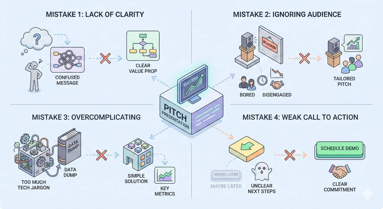 Infographic highlighting four pitch presentation mistakes: lack of clarity, ignoring audience, overcomplicating with jargon, and weak call to action. It contrasts confused messages and data dumps with clear value propositions, tailored pitches, simple solutions, key metrics, and a strong “schedule demo” commitment.