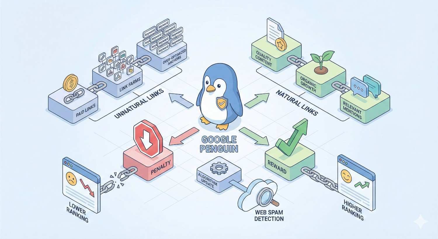 Infographic centered on Google Penguin showing unnatural links like paid links and link farms causing penalties and lower rankings, while natural links, quality content, and organic growth earn rewards, web spam detection, algorithm updates, and higher search rankings.