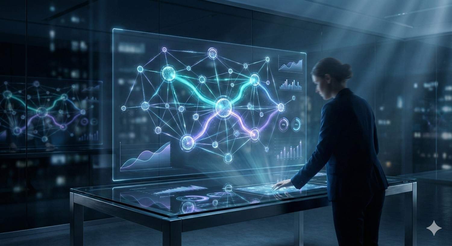 A professional stands in a dim, high-tech office interacting with a large transparent display showing glowing network nodes, flowing data connections, and analytics charts, suggesting advanced AI systems, data visualization, or digital marketing analysis in a futuristic workspace.