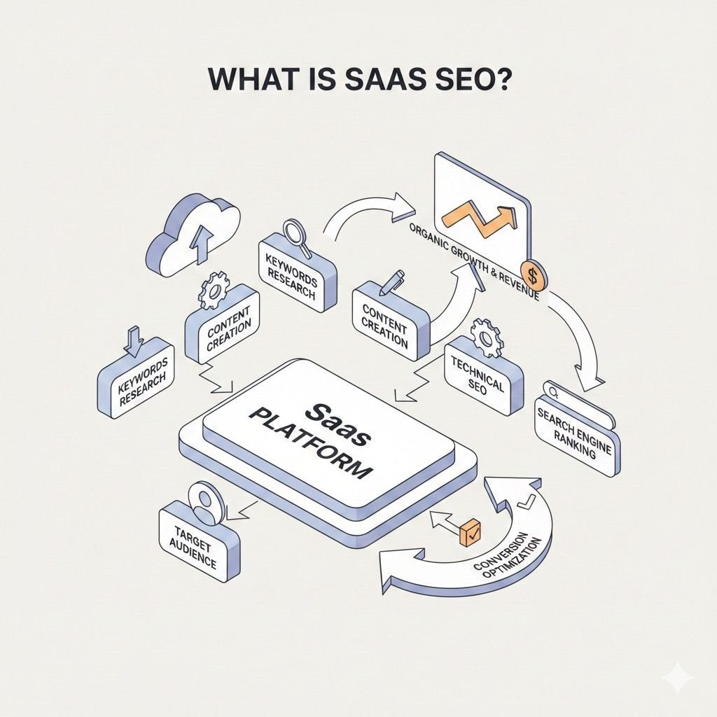 Illustration explaining SaaS SEO, showing a SaaS platform at the center connected to keyword research, content creation, technical SEO, search engine rankings, conversion optimization, and target audience, forming a continuous cycle that drives organic growth, rankings, conversions, and revenue.