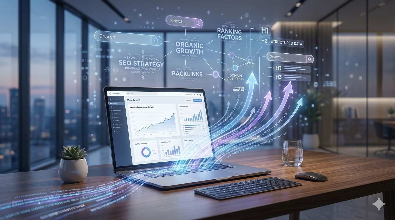 Modern office desk with a laptop displaying analytics dashboards, surrounded by floating SEO graphics like ranking factors, keywords, backlinks, structured data, and upward arrows, symbolizing organic growth and digital marketing strategy in a sleek, futuristic workspace.