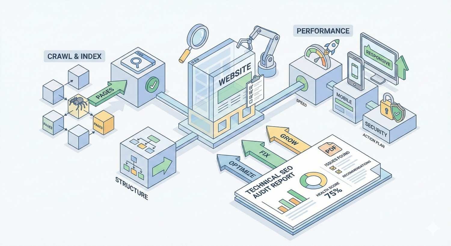 Illustration of a technical SEO audit process showing website crawl and indexing, site structure, performance optimization, mobile responsiveness, and security, leading to a technical SEO audit report with issues found, recommendations, health score, and steps to fix, optimize, and grow website performance.