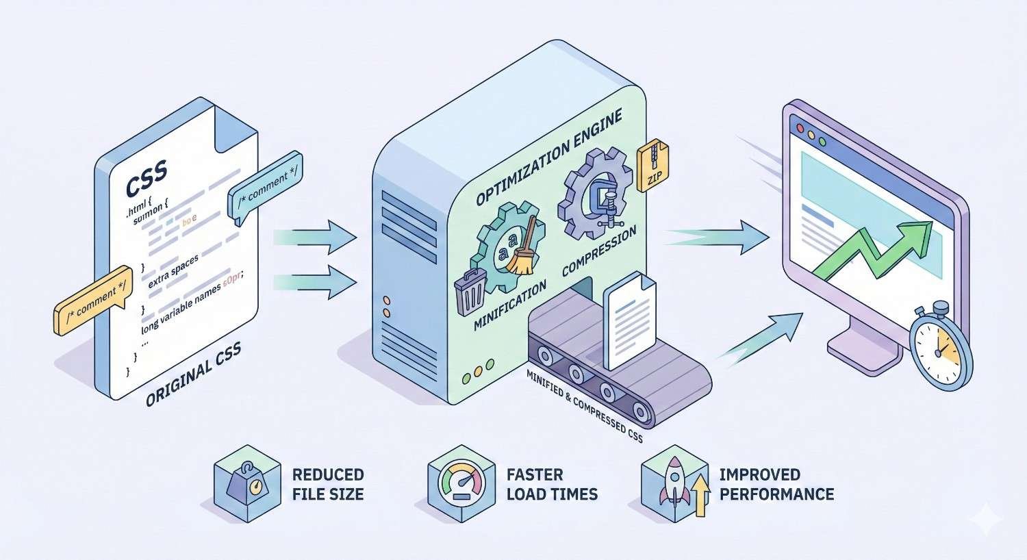 Infographic showing CSS optimization workflow: original CSS with comments and whitespace enters an optimization engine for minification and compression, producing minified files. Results highlight reduced file size, faster load times, and improved website performance displayed on a monitor with upward graph.