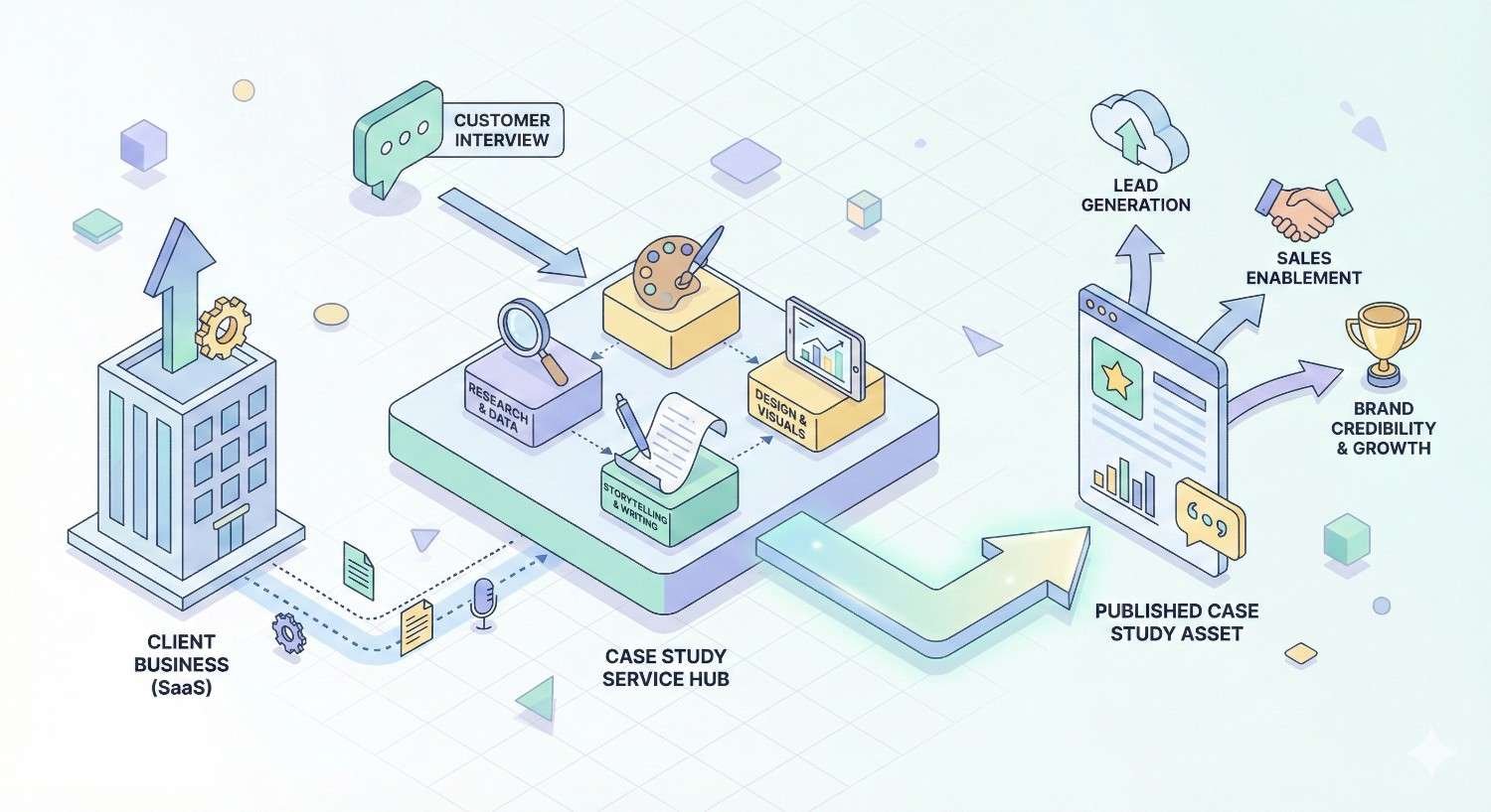 An illustrated workflow shows a client business feeding customer interviews into a case study service hub for research, writing, and design, producing a published case study asset that drives lead generation, sales enablement, and brand credibility growth.