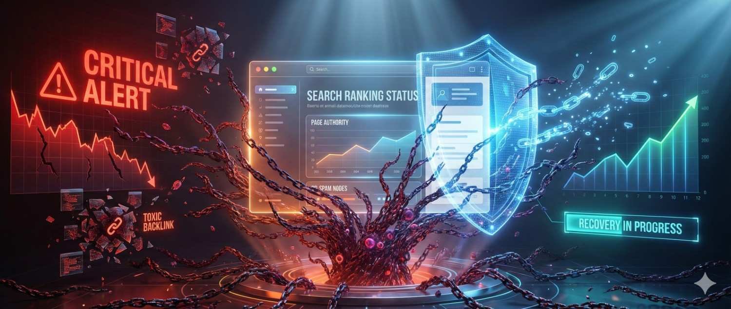 Futuristic illustration showing a website dashboard attacked by dark, chain-like tentacles labeled toxic backlinks and critical alert, with falling ranking graphs on one side and a glowing shield, rising chart, and “recovery in progress” text on the other.