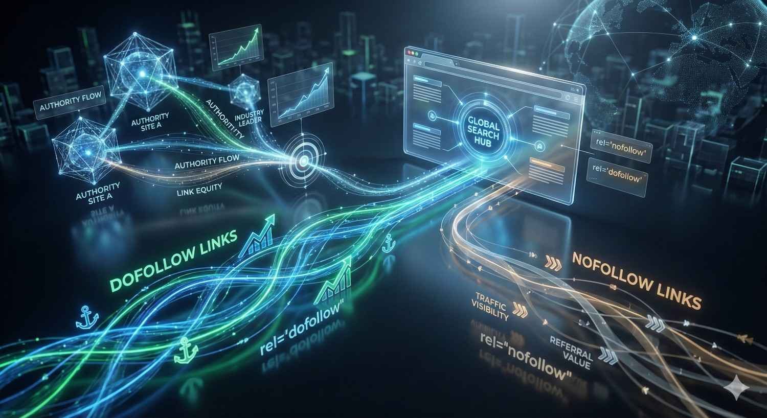 Futuristic SEO illustration showing “Dofollow Links” and “Nofollow Links” flowing toward a global search hub. Blue and green data streams represent authority flow, link equity, traffic visibility, and referral value, with charts and network nodes visualizing how different link types impact search rankings and online visibility.