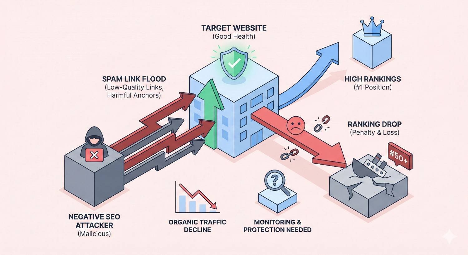 Diagram showing a negative SEO attacker sending spam link floods toward a healthy target website, causing ranking drops and organic traffic decline, contrasted with potential high rankings when protected, plus icons for monitoring, penalties, broken links, and recovery needs.