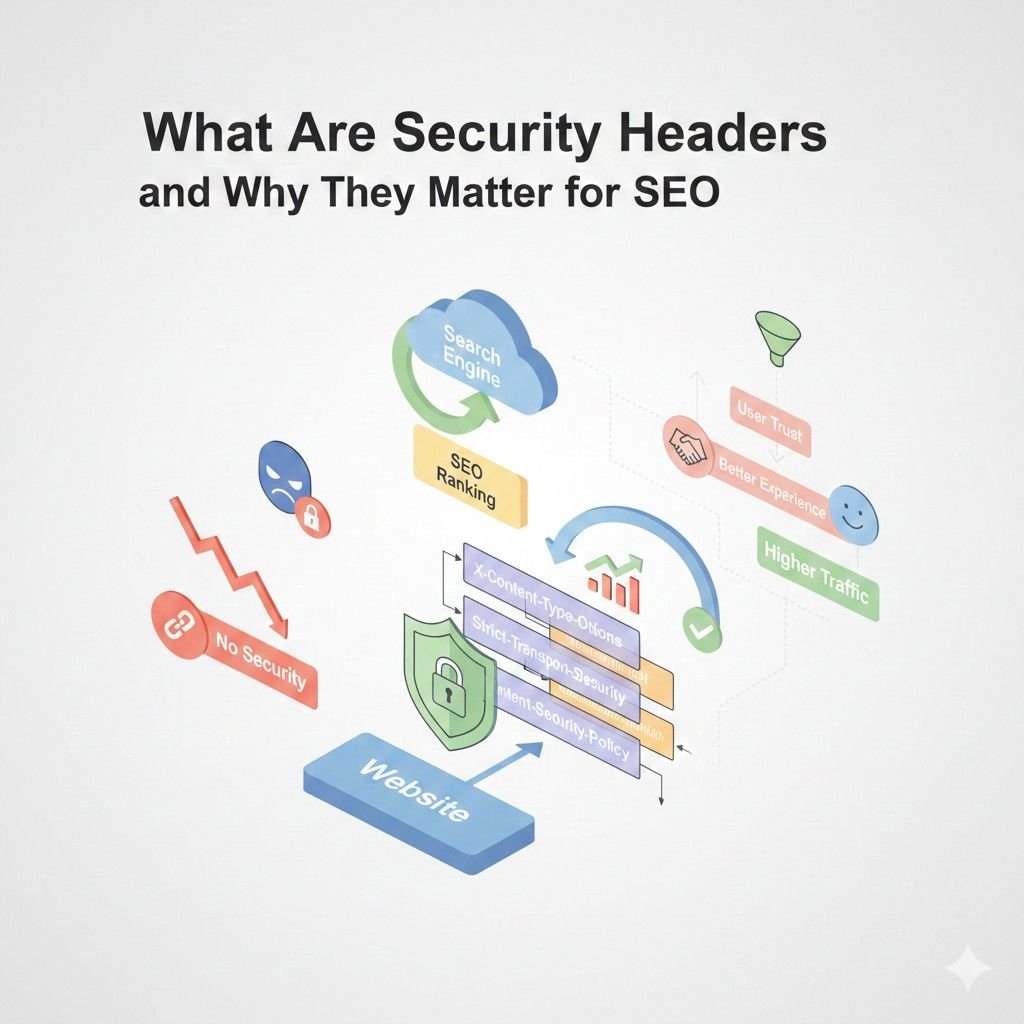 Infographic titled “What Are Security Headers and Why They Matter for SEO.” Shows website protected by headers like X-Content-Type-Options, Strict-Transport-Security, and Content-Security-Policy, improving search engine ranking, user trust, experience, and higher traffic, compared to unsecured site losing rankings.