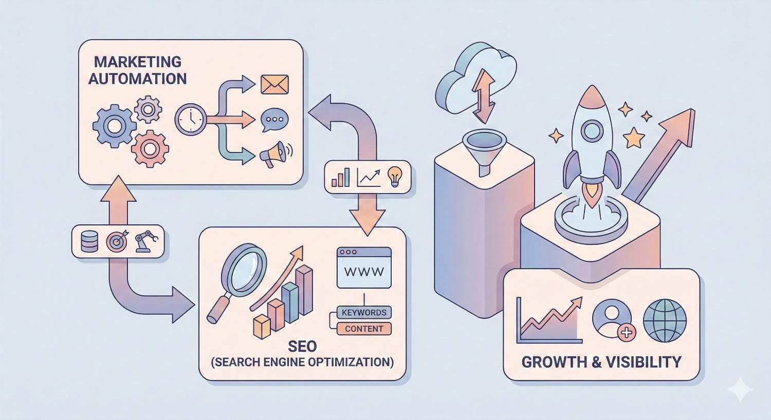 Isometric illustration showing marketing automation and SEO working together, with automated workflows, analytics, keyword and content optimization feeding into a growth funnel, resulting in increased website growth, visibility, traffic, and scalable digital marketing performance.