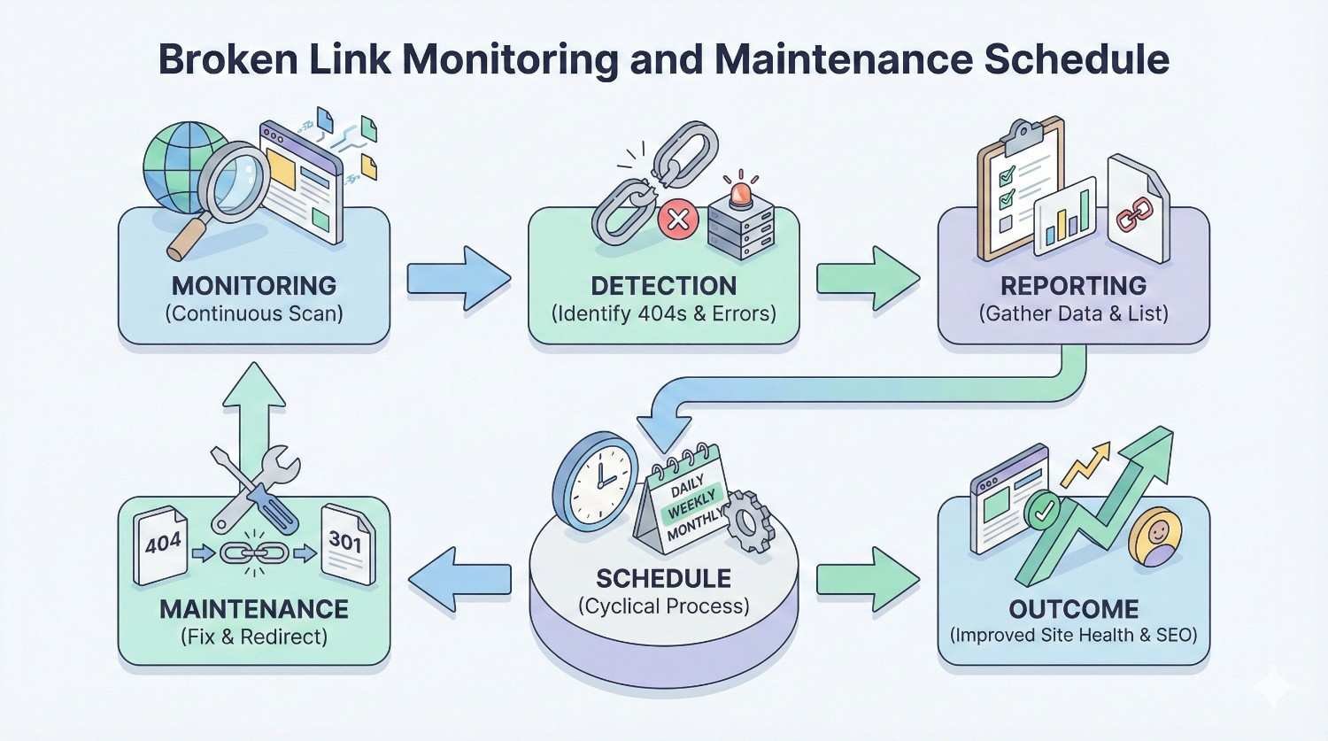 Infographic titled “Broken Link Monitoring and Maintenance Schedule” showing a cyclical process: continuous monitoring, detecting 404 errors, reporting issues, scheduling fixes, maintenance with redirects, and improved site health and SEO as the outcome.