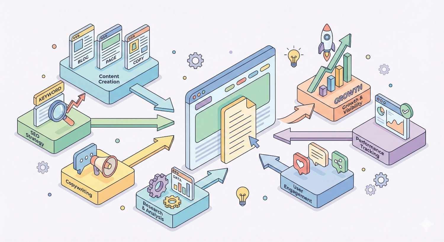 Illustration of a digital marketing workflow with a central website screen connected by arrows to modules labeled content creation, SEO strategy, copywriting, research and analysis, user engagement, performance tracking, and growth, using charts, icons, gears, and upward graphs to show optimization and results.