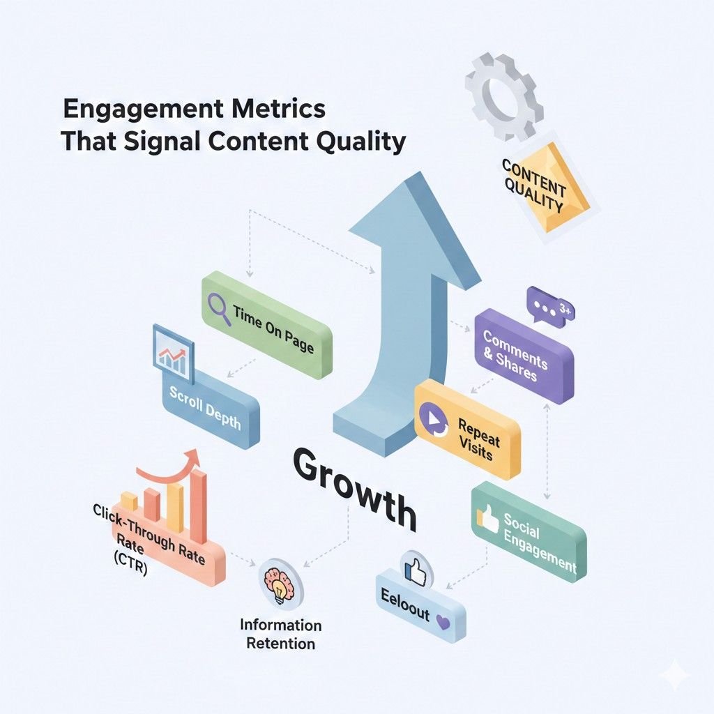Infographic showing engagement metrics that signal content quality, including time on page, scroll depth, click-through rate, repeat visits, comments and shares, social engagement, and information retention, all contributing to growth and improved perceived content quality.