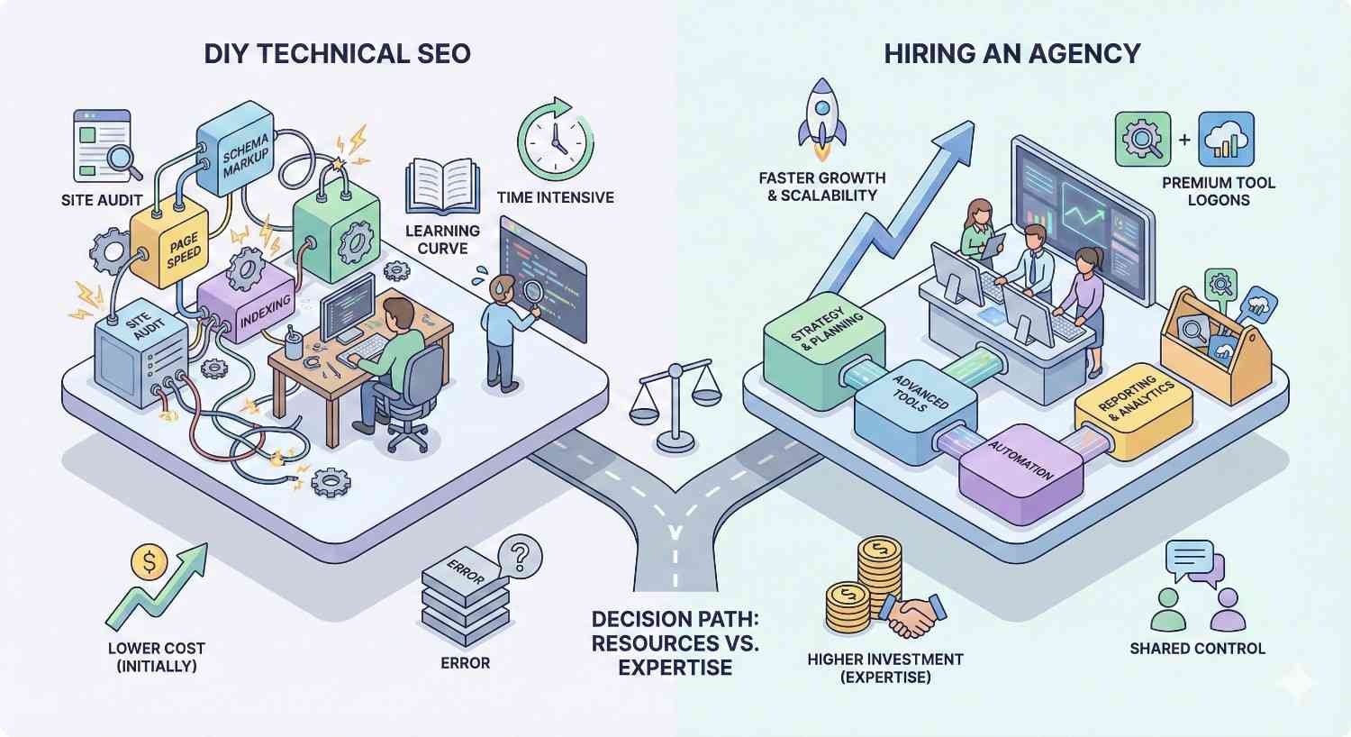 Isometric comparison of DIY technical SEO versus hiring an agency, showing time-intensive learning, audits, and errors on the DIY side, contrasted with expert teams, advanced tools, automation, faster growth, and scalability when working with a professional SEO agency.
