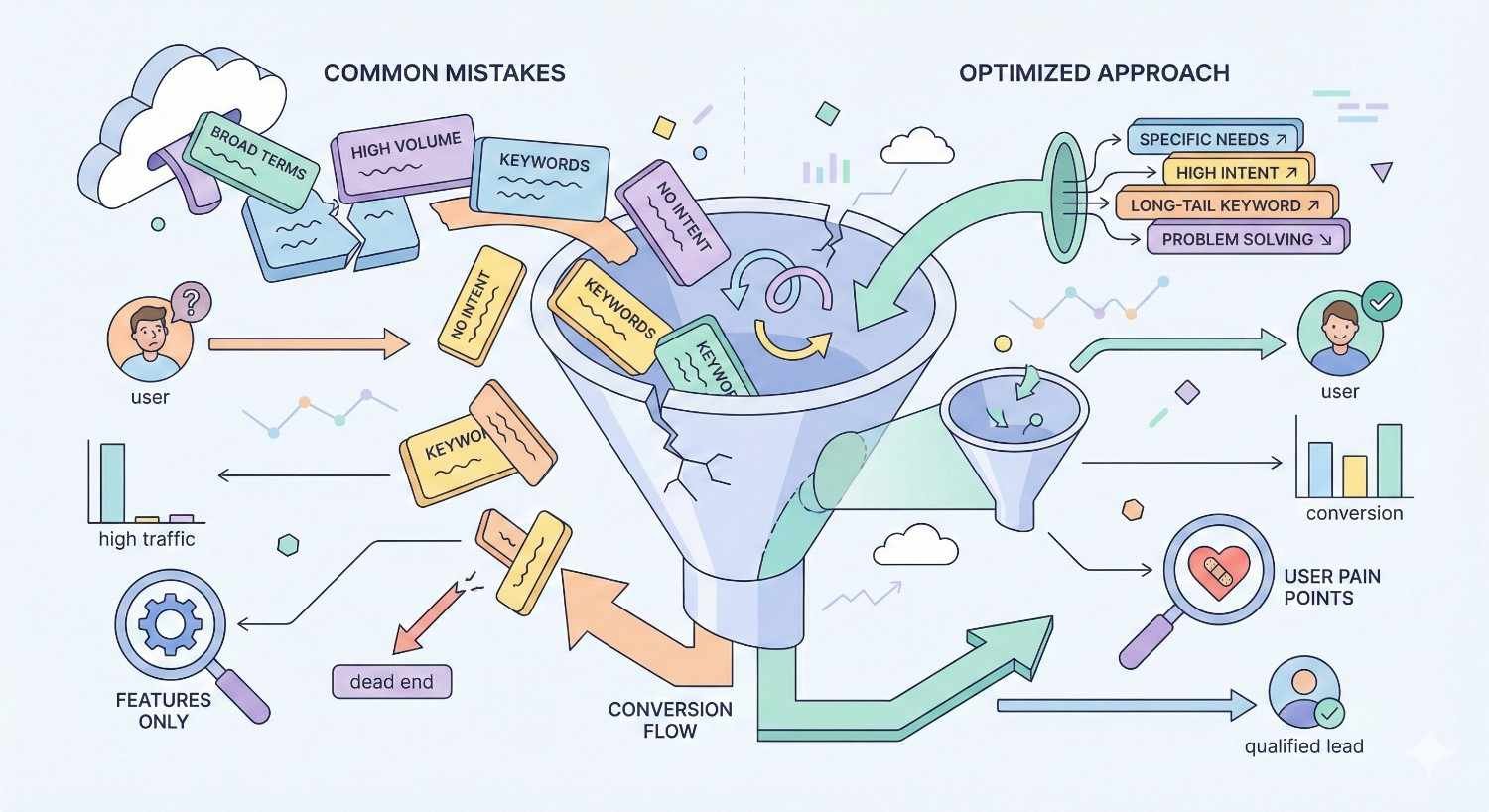 Isometric illustration comparing common keyword and content mistakes with an optimized SEO approach, showing how broad, high-volume keywords cause dead ends, while intent-driven, long-tail keywords focused on user needs guide users through a conversion funnel to qualified leads and higher conversions.