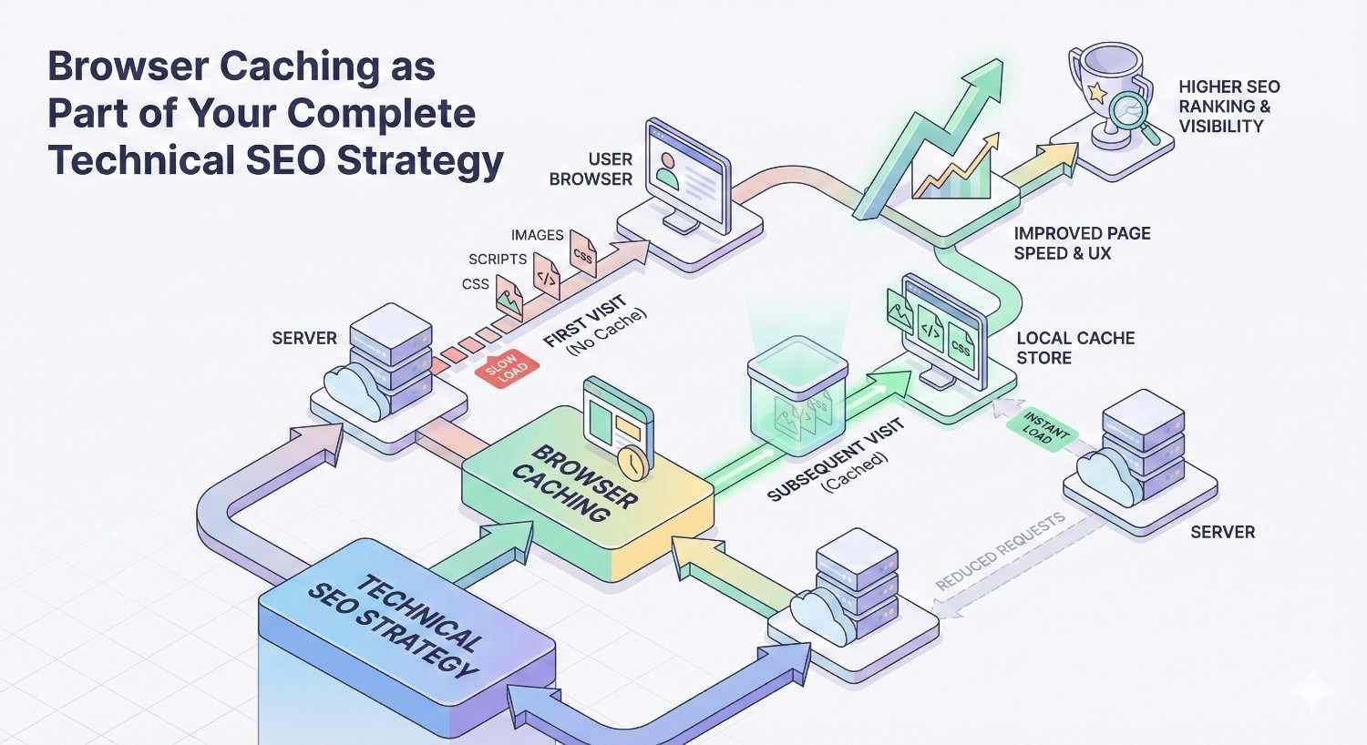 Infographic titled “Browser Caching as Part of Your Complete Technical SEO Strategy.” Shows first visit loading resources from server, subsequent visits served from local cache with reduced requests. Highlights faster page speed, improved user experience, and higher SEO ranking and visibility within a technical SEO workflow.