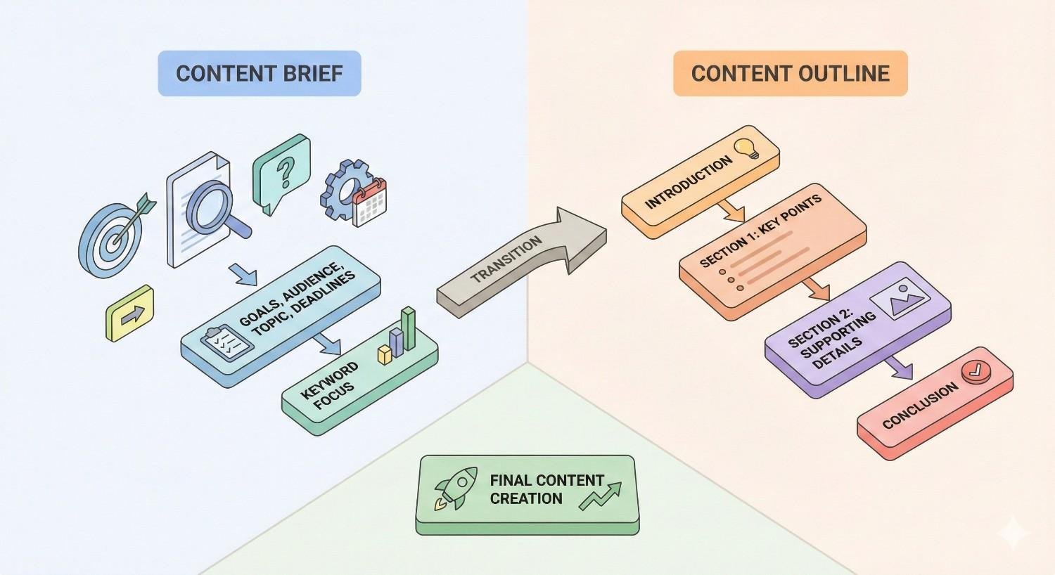 An infographic contrasts a content brief—covering goals, audience, topic, deadlines, and keyword focus—with a content outline showing introduction, key points, supporting details, and conclusion, connected by a transition arrow leading to final content creation.