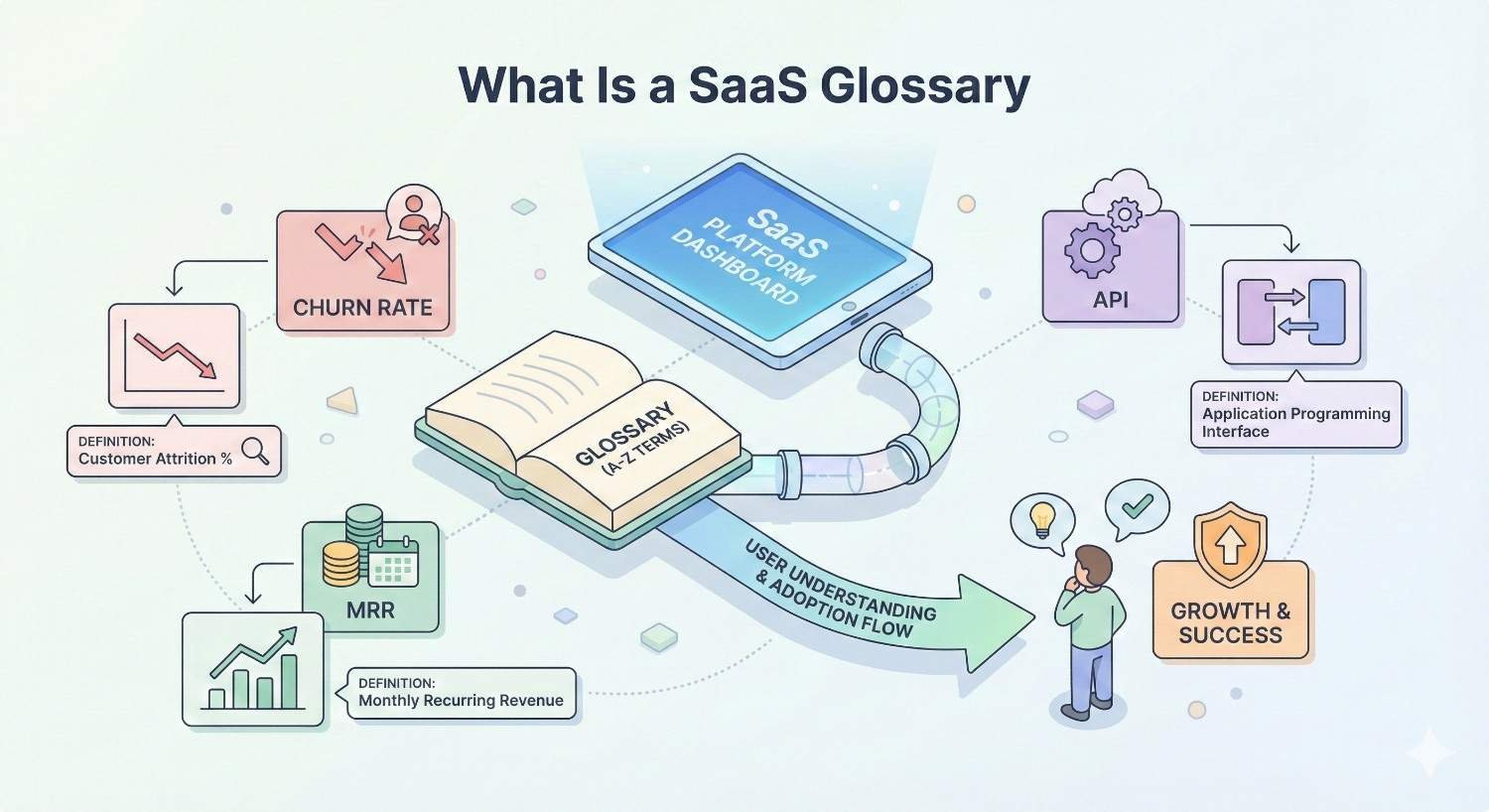 Isometric illustration explaining what a SaaS glossary is. A glossary book connects SaaS metrics like churn rate, MRR, and API definitions to a platform dashboard. Arrows show improved user understanding, product adoption, and growth through clear explanations of key SaaS terms.