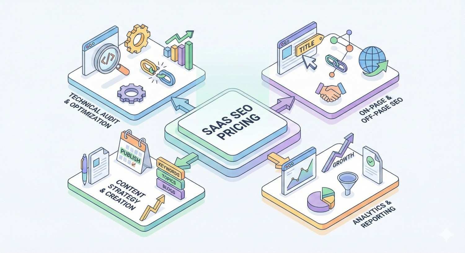 Isometric illustration centered on SaaS SEO pricing, surrounded by key services: technical audit and optimization, content strategy and creation, on-page and off-page SEO, and analytics and reporting, showing how combined efforts drive traffic growth and measurable performance.