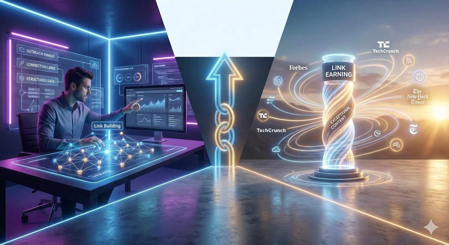Split-scene illustration comparing link building and link earning. Left shows a man using outreach emails and data tools to build links. Right shows a glowing pillar labeled “Link Earning” surrounded by major media logos, symbolizing organic authority growth through exceptional content.