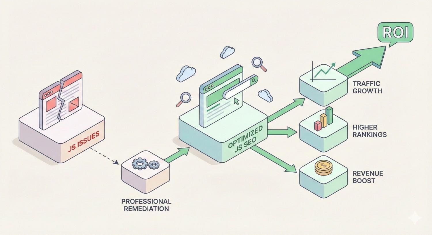 Infographic showing JS issues leading to professional remediation and optimized JS SEO. Improvements result in traffic growth, higher rankings, revenue boost, and increased ROI, illustrated with upward arrows and performance charts.