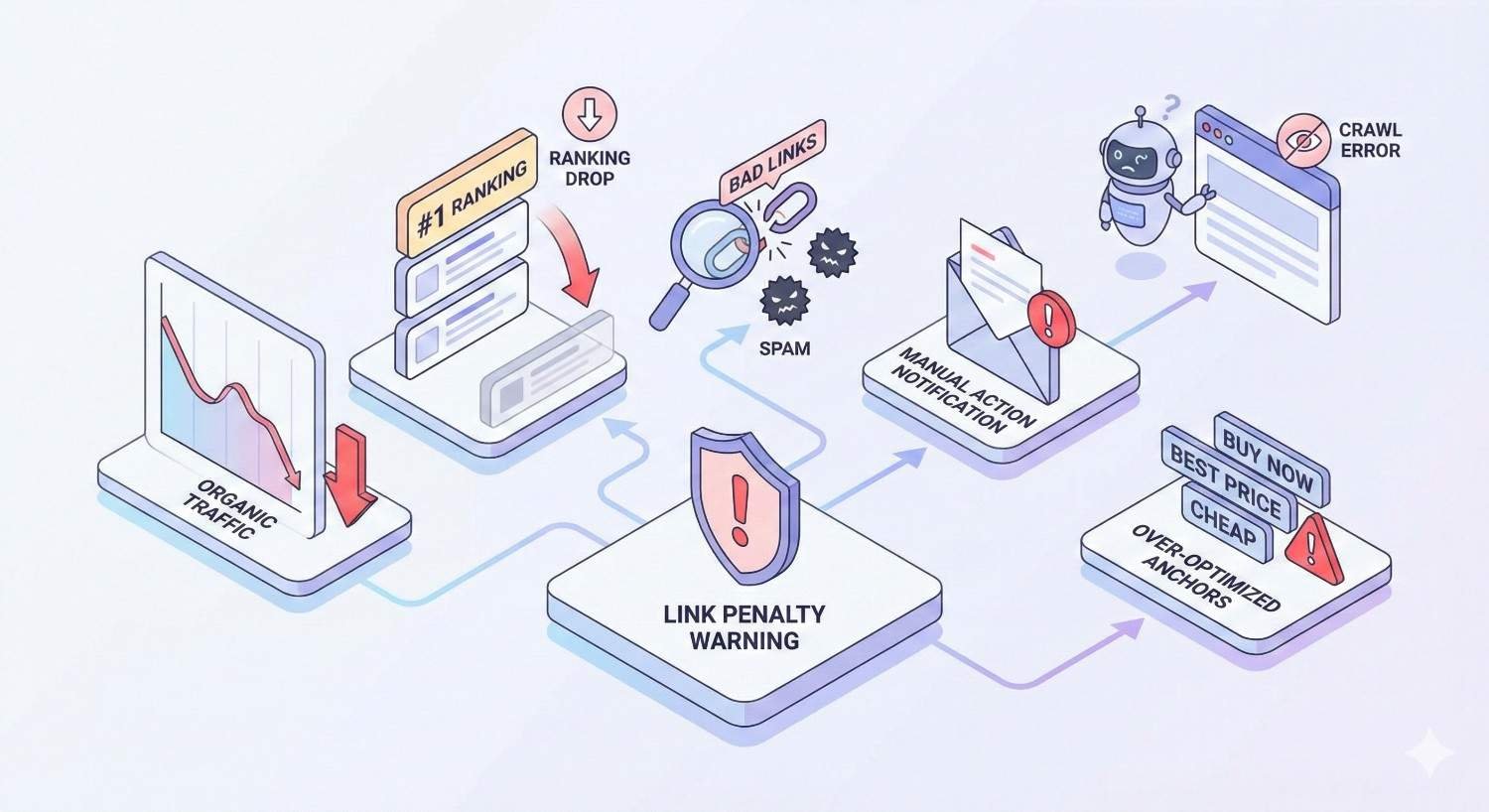 Infographic showing SEO decline from link penalties: ranking drops from first place, falling organic traffic, spammy backlinks, manual action notifications, crawl errors, and over-optimized anchor text, all connected to a central warning shield labeled “link penalty.”
