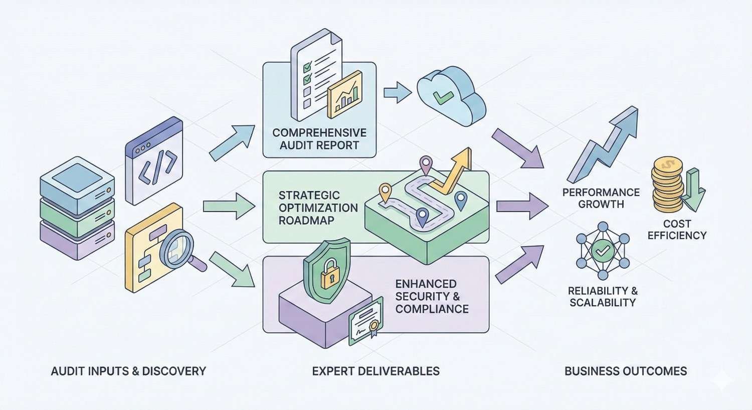 Diagram illustrating an SEO audit workflow, moving from audit inputs and discovery to expert deliverables like comprehensive reports, optimization roadmaps, and security improvements, resulting in business outcomes such as performance growth, cost efficiency, and improved reliability and scalability.