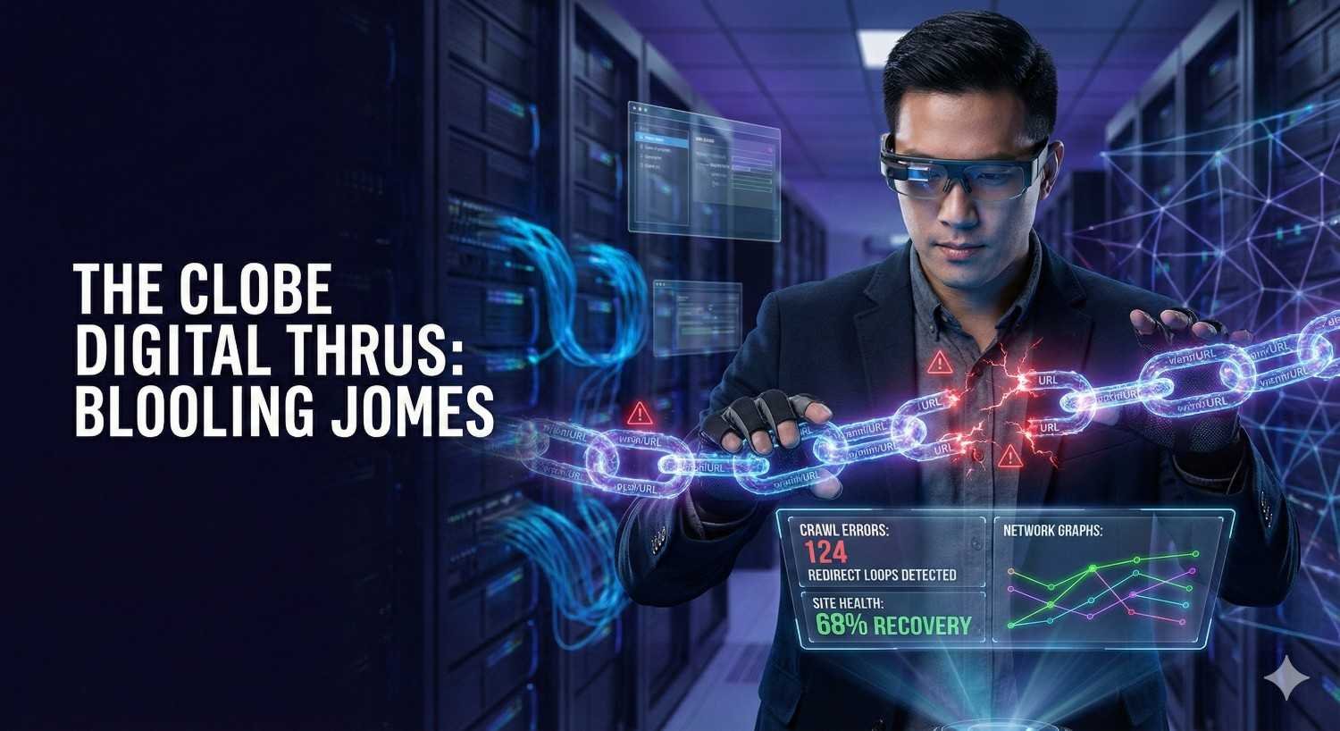 Man wearing smart glasses in a server room interacts with a glowing digital chain showing broken links and SEO alerts. Floating dashboards display crawl errors, redirected loops, network graphs, and site recovery metrics, symbolizing technical SEO troubleshooting and fixing website issues.