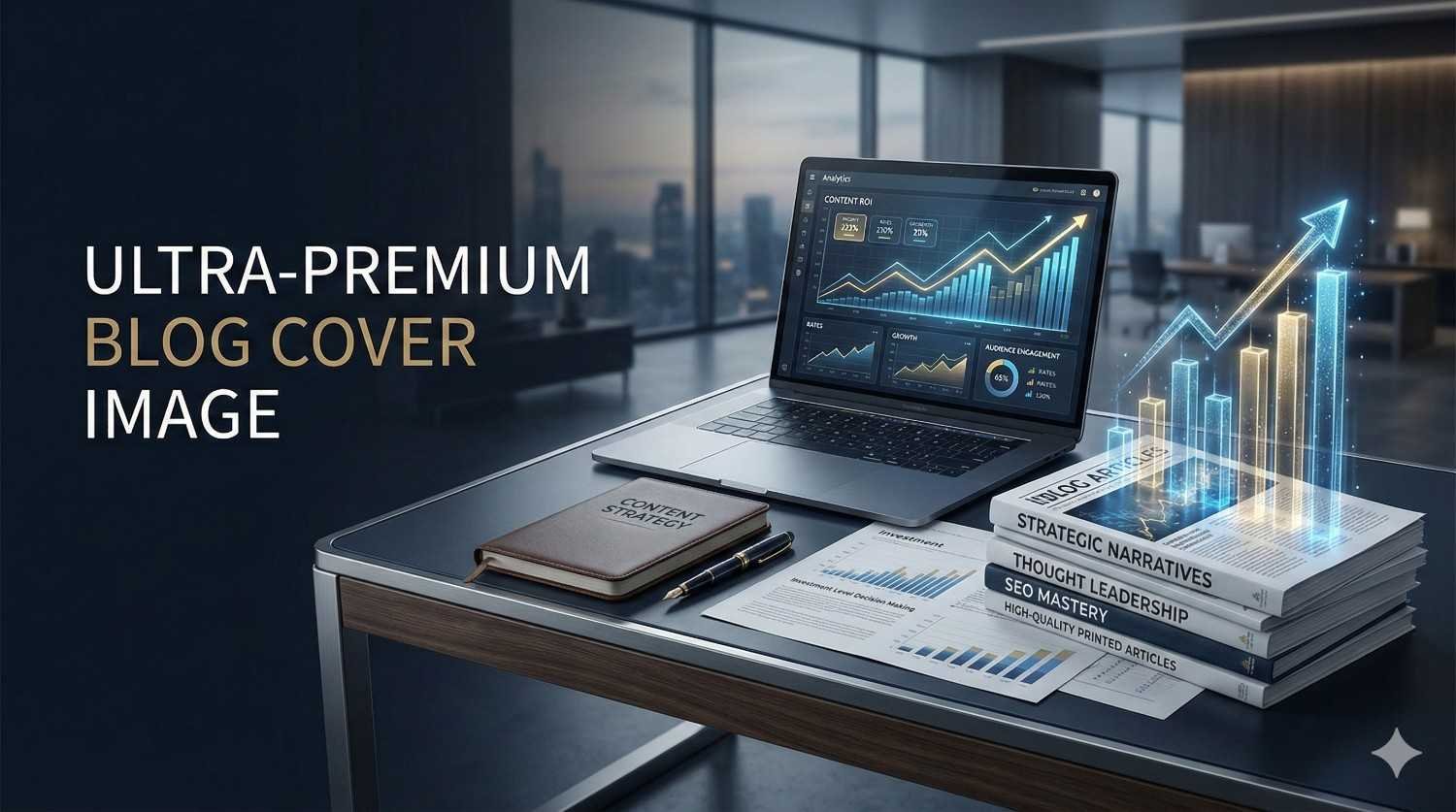 Modern office desk with a laptop showing rising analytics charts, stacked business magazines, a notebook and pen, and glowing 3D growth bars above papers, beside text reading “Ultra-Premium Blog Cover Image,” suggesting high-end content strategy and performance.