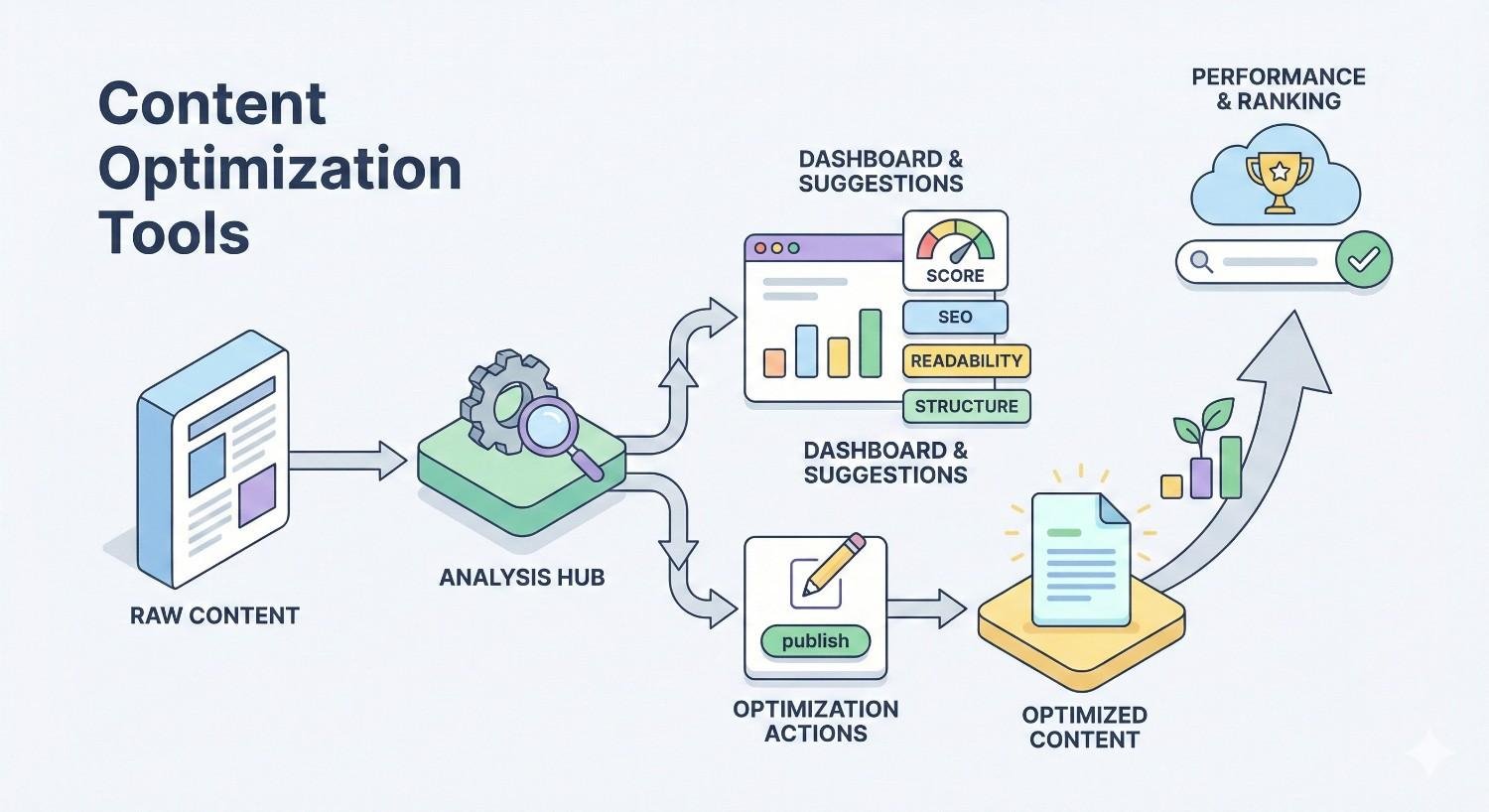 An illustrated workflow titled “Content Optimization Tools” shows raw content entering an analysis hub, producing dashboard suggestions for SEO, readability, and structure, leading to optimization actions, published optimized content, and improved performance and rankings represented by charts and trophy icons.