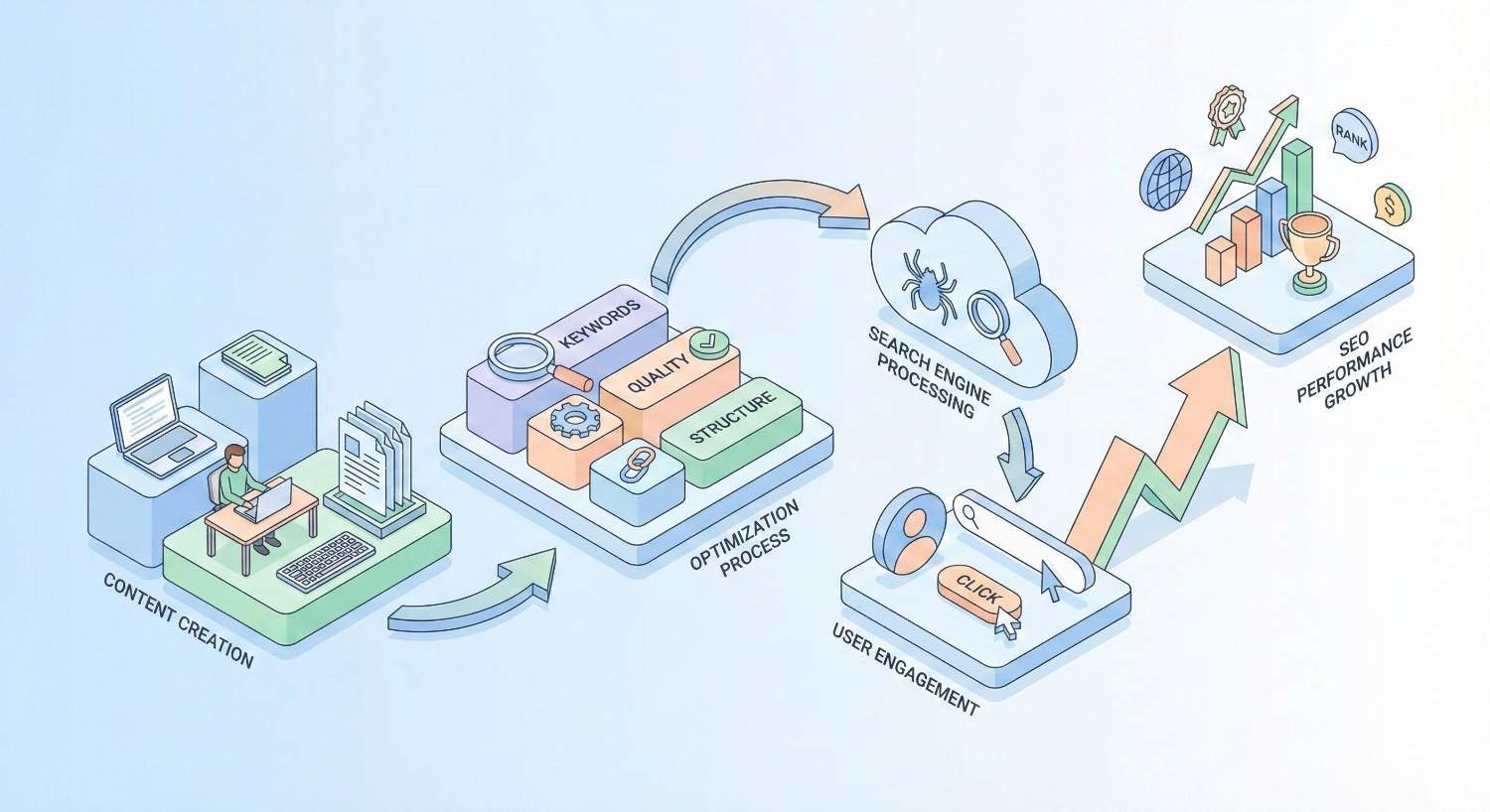 Isometric infographic showing content creation flowing into an optimization process with keywords, quality, and structure, then search engine processing, user engagement through clicks, and rising charts labeled SEO performance and growth.