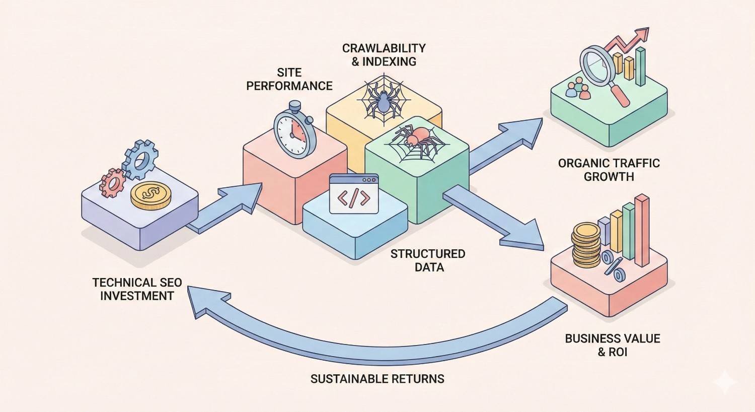 Isometric illustration showing technical SEO investment flowing through site performance, crawlability and indexing, and structured data, leading to organic traffic growth, increased business value, and ROI, with a circular arrow emphasizing sustainable, long-term returns from technical SEO improvements.