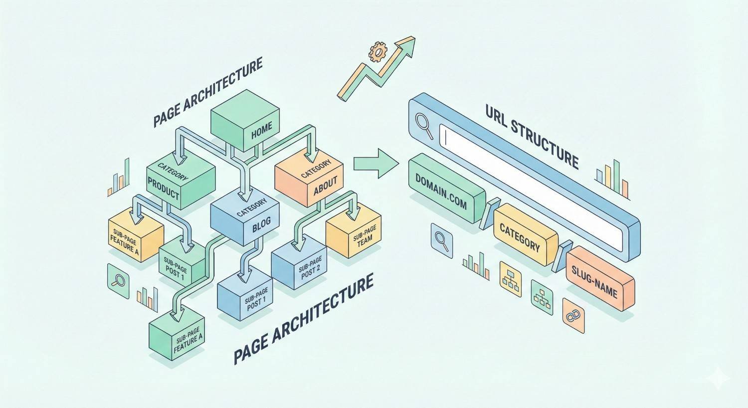 Isometric diagram illustrating SEO-focused page architecture and URL structure. A hierarchical site layout shows home, categories, products, blogs, and subpages, while a clean URL example highlights domain, category, and slug. Arrows and charts represent improved crawlability, organization, and search performance.