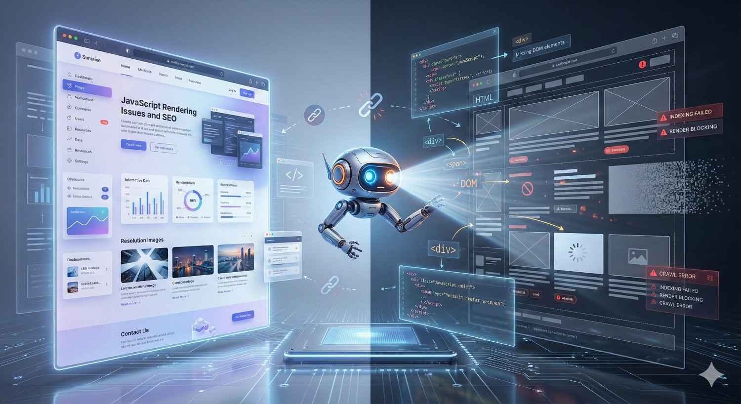 Futuristic illustration of a robot analyzing a website with JavaScript rendering issues. Split screens show a styled webpage on one side and raw HTML/DOM errors on the other, with warnings like indexing failed and crawl errors, highlighting technical SEO and render-blocking problems.