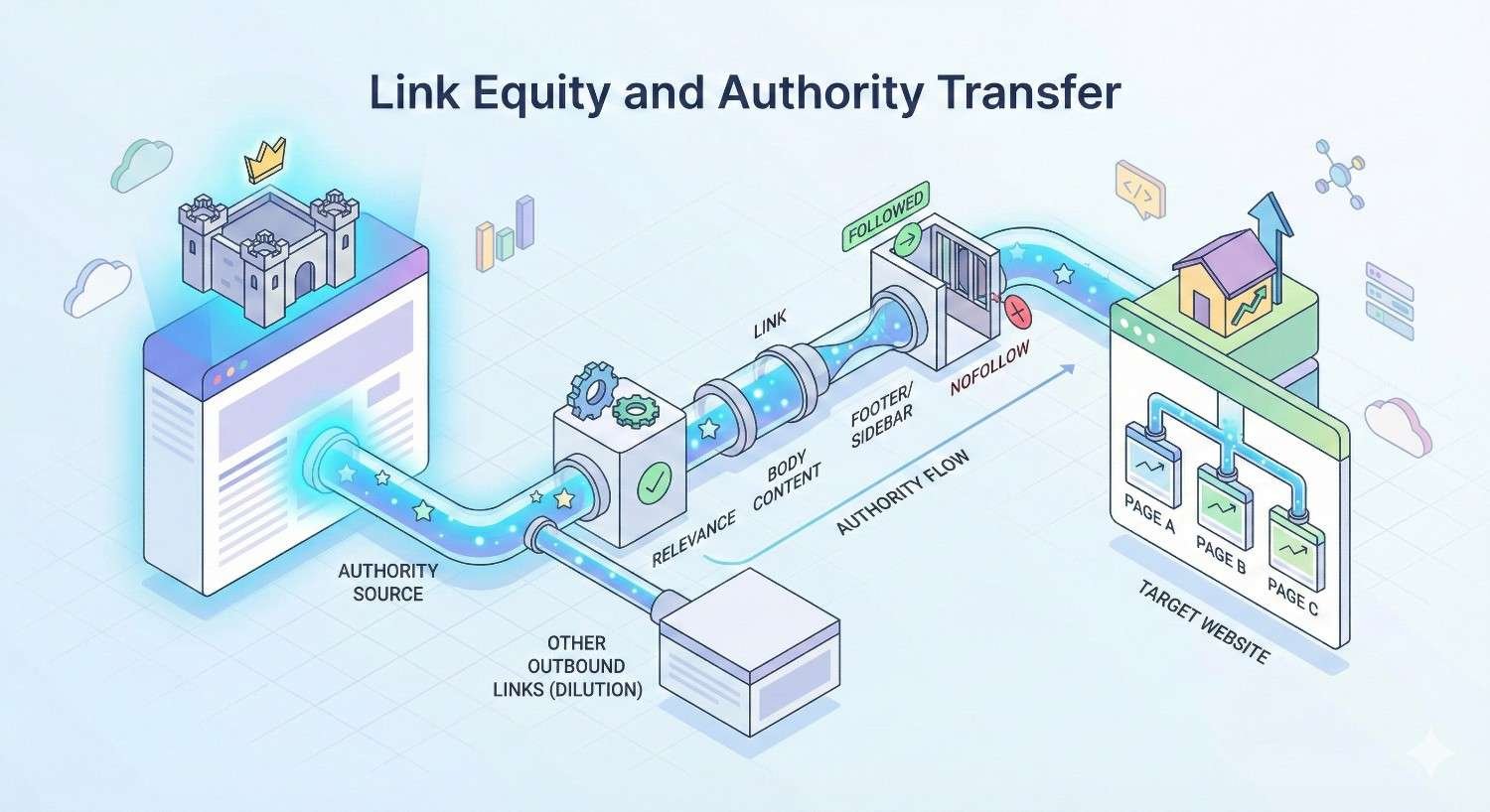 Infographic titled “Link Equity and Authority Transfer” showing authority flowing from a source website through a followed link to a target site. It highlights relevance, link placement, nofollow vs. followed links, and dilution from other outbound links, illustrating how authority impacts target pages.