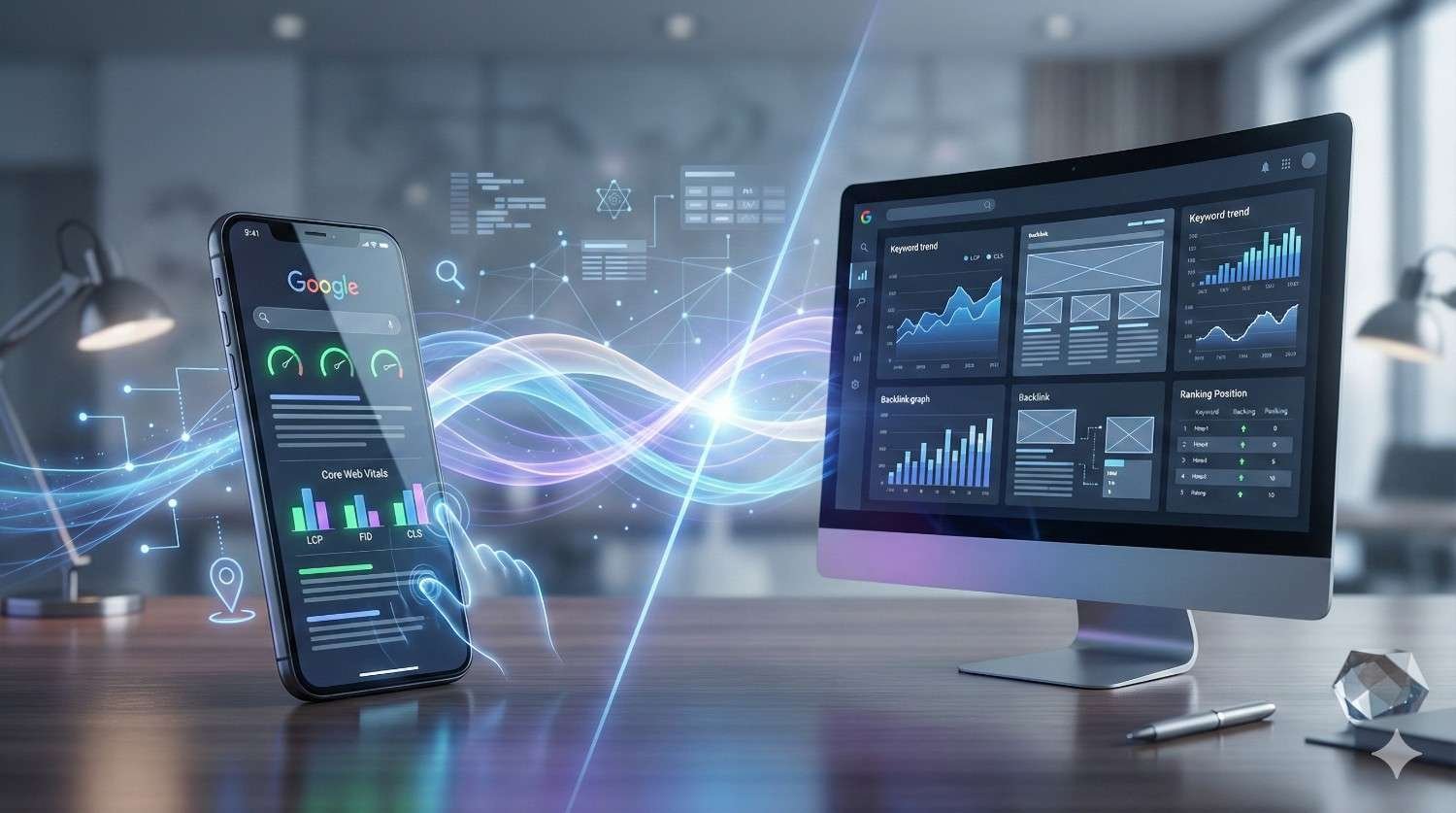 Smartphone displaying Google Core Web Vitals metrics connected to a desktop monitor showing SEO analytics dashboards. Flowing digital waves link mobile and desktop performance, symbolizing data synchronization, keyword trends, rankings, and website optimization across devices.