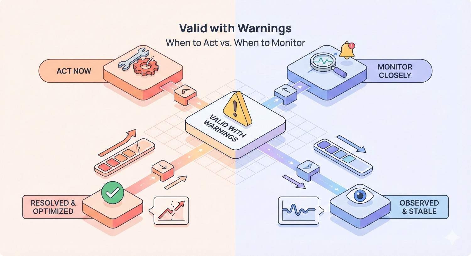 Illustration explaining “Valid with Warnings” status, showing decision paths for when to act or monitor, with icons for fixing issues, resolving and optimizing pages, monitoring performance trends, and keeping pages observed and stable based on warning severity.