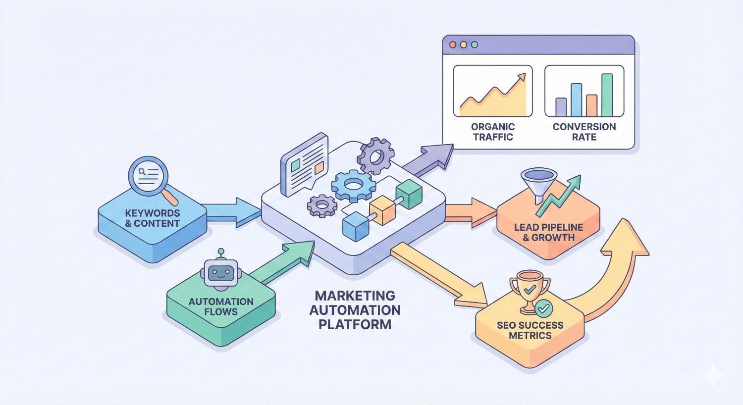 Isometric illustration showing a marketing automation platform connecting keywords and content with automation flows, leading to increased organic traffic, higher conversion rates, lead pipeline growth, and measurable SEO success metrics through optimized workflows and data-driven performance.