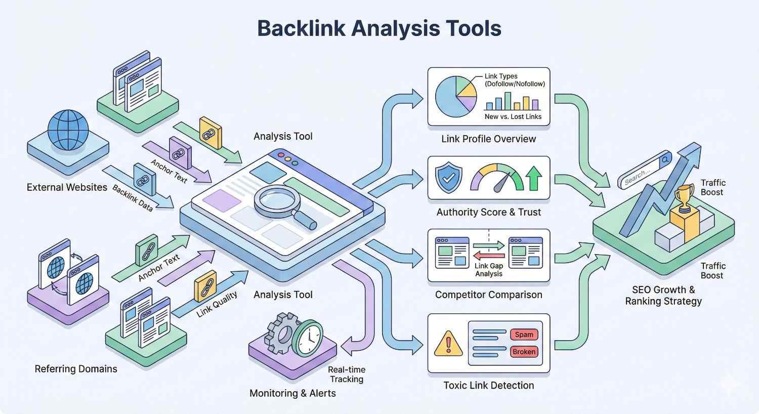Infographic titled “Backlink Analysis Tools” showing data from external sites and referring domains flowing into analysis software, producing link profiles, authority scores, competitor comparisons, toxic link detection, real-time alerts, and traffic growth through SEO ranking strategies, illustrated with arrows, charts, icons, and dashboards.