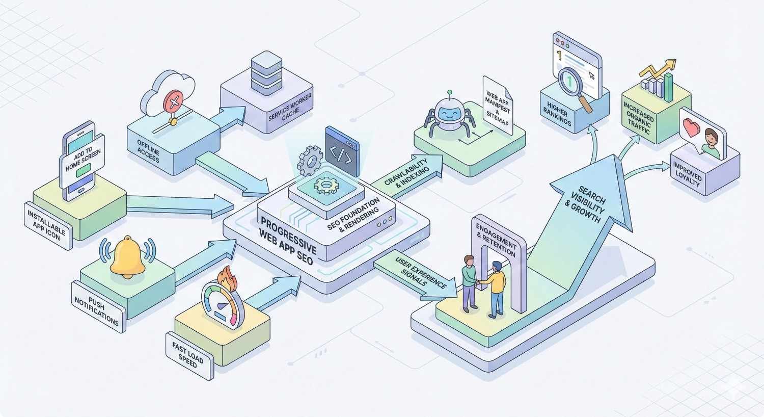 Infographic illustrating Progressive Web App SEO. Features include offline access, service worker cache, push notifications, fast load speed, crawlability, structured data, and user experience signals. Arrows lead to search visibility growth, higher rankings, increased organic traffic, engagement, retention, and improved user loyalty.