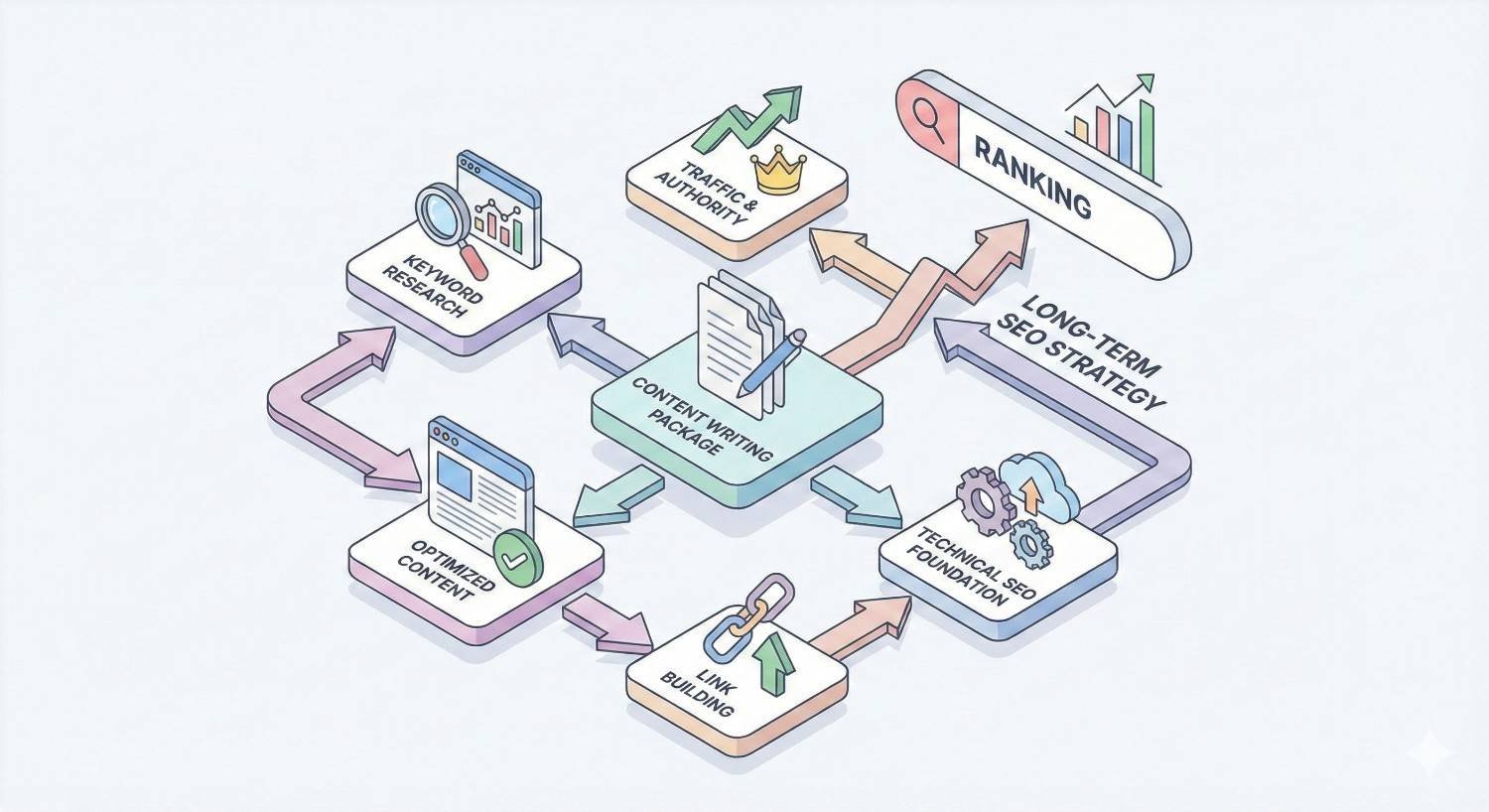 Isometric infographic showing a content writing package connected to keyword research, optimized content, link building, technical SEO foundations, and long-term SEO strategy, leading to higher rankings and increased traffic and authority through looping arrows and charts.
