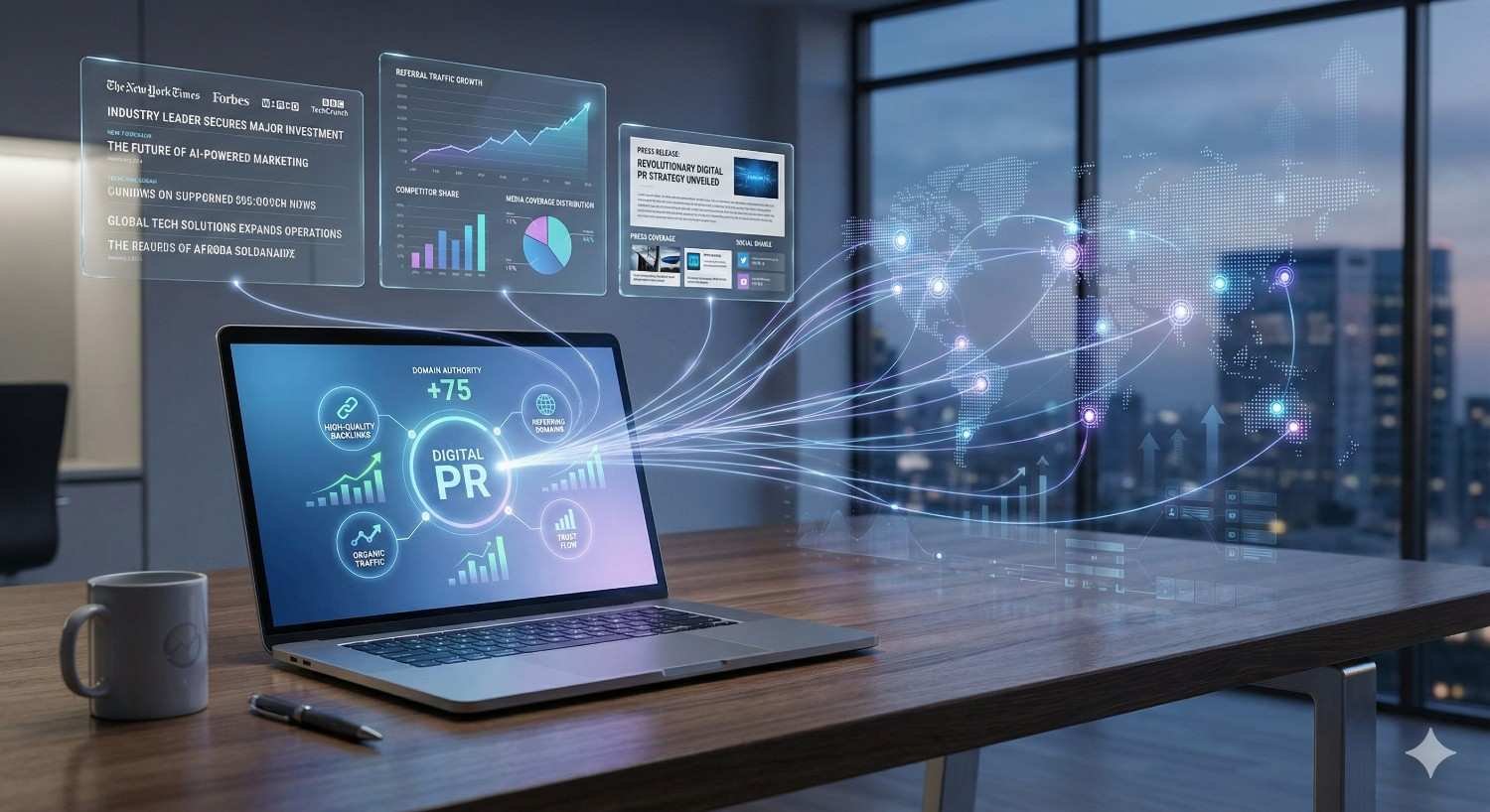 Modern office desk with a laptop displaying a “Digital PR” dashboard featuring charts, graphs, and analytics. Holographic data streams flow from the screen toward a glowing world map and floating marketing metrics. A coffee mug and pen sit nearby, with a city skyline visible through large windows.