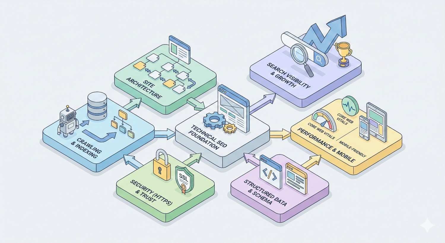 Isometric diagram illustrating the technical SEO foundation, with interconnected elements such as site architecture, crawling and indexing, HTTPS security, structured data and schema, and performance and mobile optimization, all contributing to improved search visibility, rankings, trust, and sustainable organic growth.