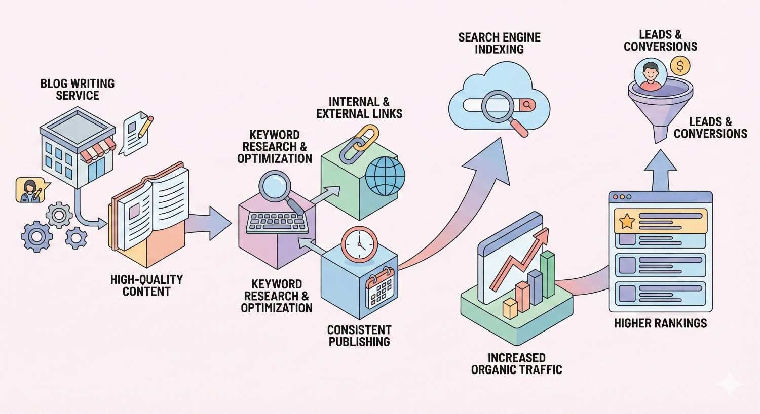 Infographic showing how a blog writing service produces high-quality content through keyword research, optimization, links, and consistent publishing, leading to search engine indexing, increased organic traffic, higher rankings, and ultimately more leads and conversions.
